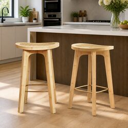 Bar Stools Set of 2 Rattan Seat Kitchen Counter Height Dining Chairs Oak