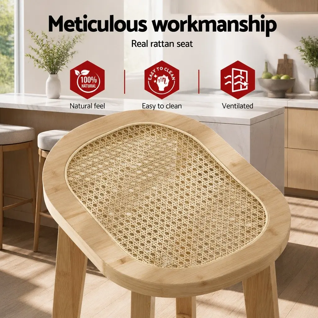 Rattan Seat Bar Stools Kitchen Counter Height Dining Chairs Oak Set of 2