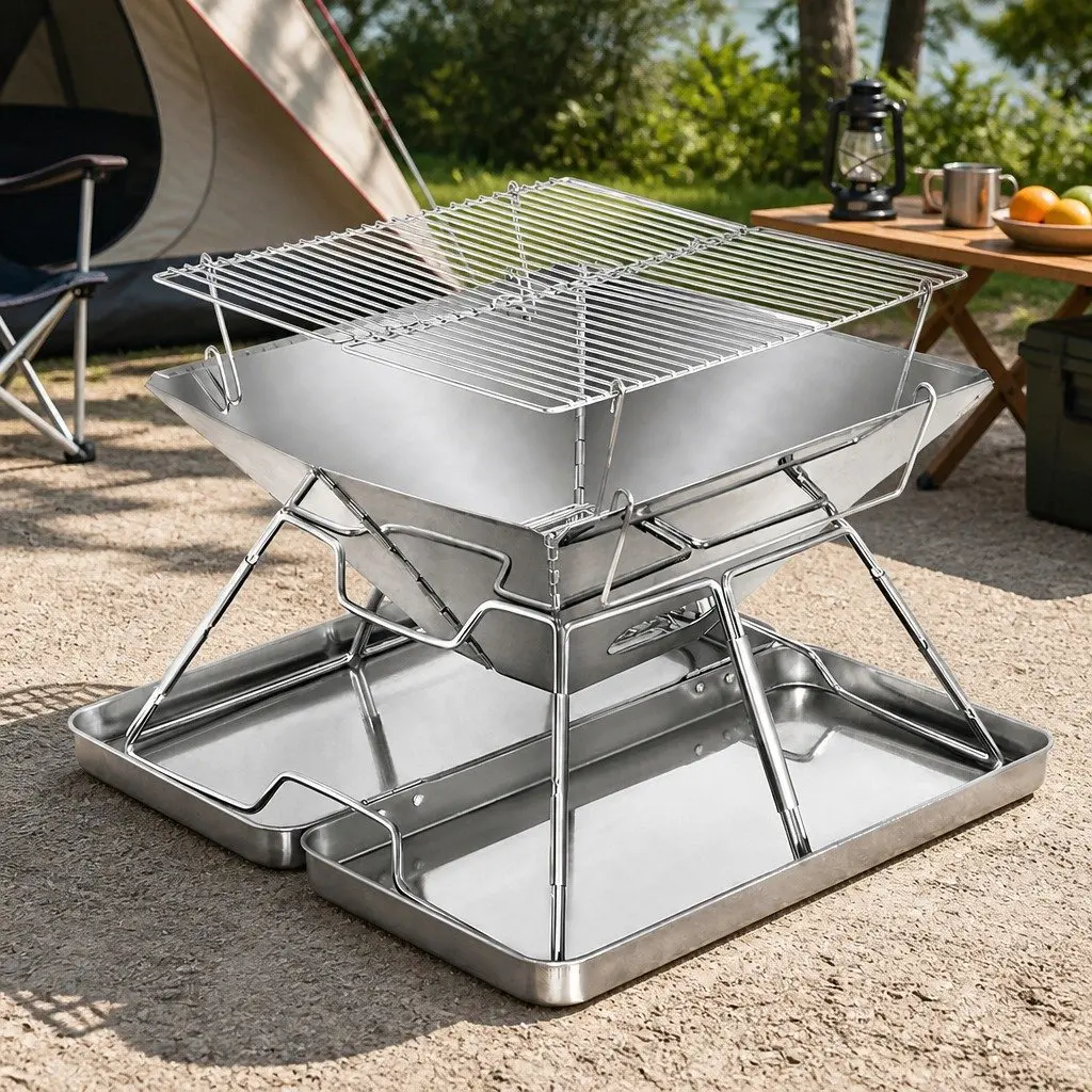 Folding Charcoal BBQ Grill 2-in-1 Portable Fire Pit Compact Lightweight