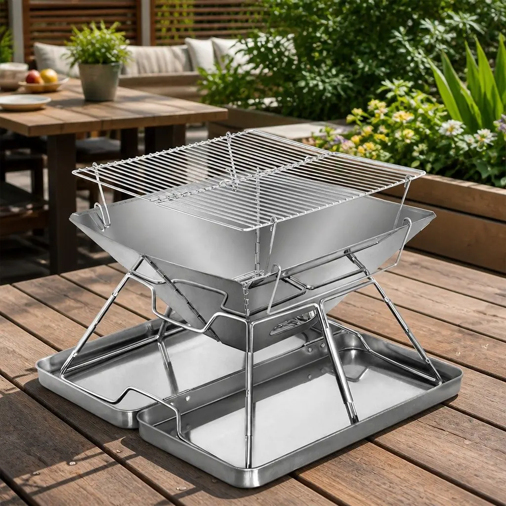 Folding Charcoal BBQ Grill 2-in-1 Portable Fire Pit Compact Lightweight