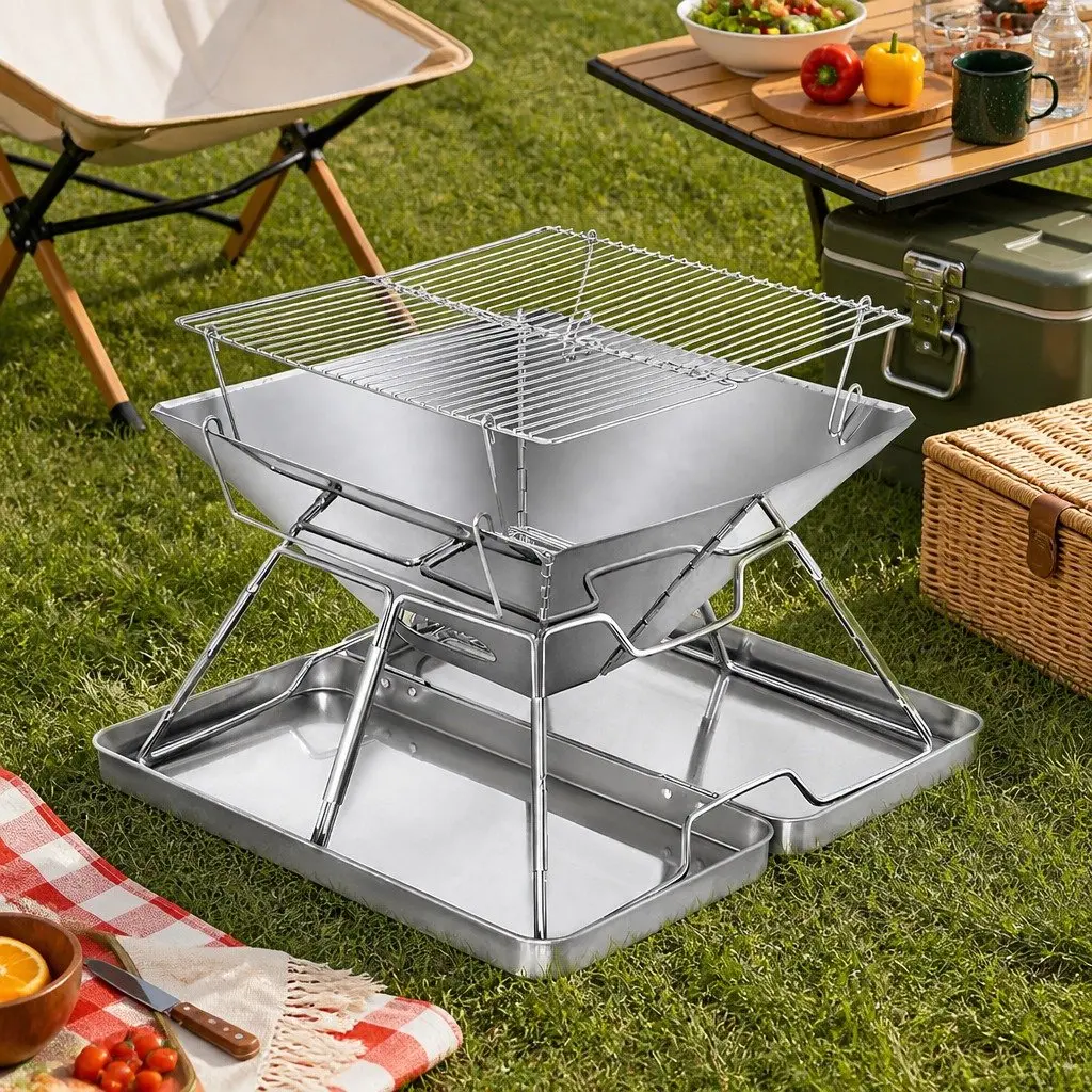Folding Charcoal BBQ Grill 2-in-1 Portable Fire Pit Compact Lightweight