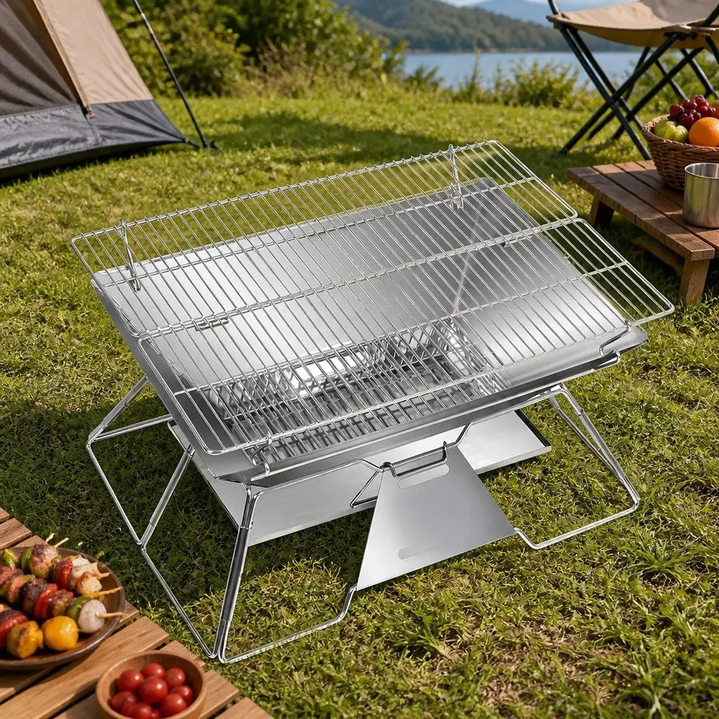 Portable Folding Charcoal BBQ Grill 2-in-1 Outdoor Size 50cm W x 35cm D x 27cm H