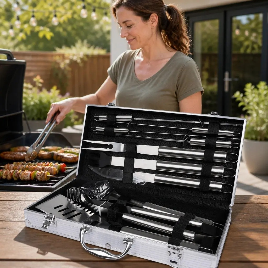 10 Piece BBQ Tool Set Stainless Steel Portable Aluminium Case