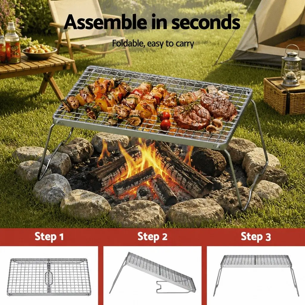 Portable BBQ Grill Charcoal Smoker Foldable Stainless Steel 45cm x 23.5cm x 16.5cm