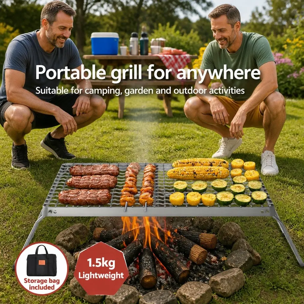 Portable BBQ Grill Charcoal Smoker Foldable Stainless Steel 45cm x 23.5cm x 16.5cm