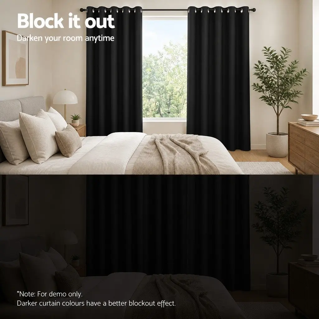 Blockout Curtains Eyelet Thermal Noise Reduction 140x230cm Black 2 Panels