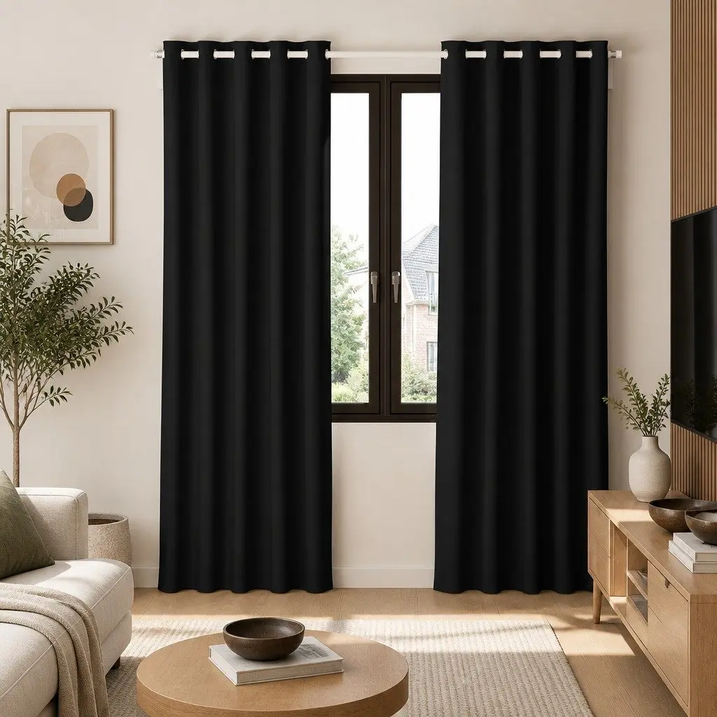 Blockout Curtains Eyelet Thermal Noise Reduction 140x230cm Black 2 Panels