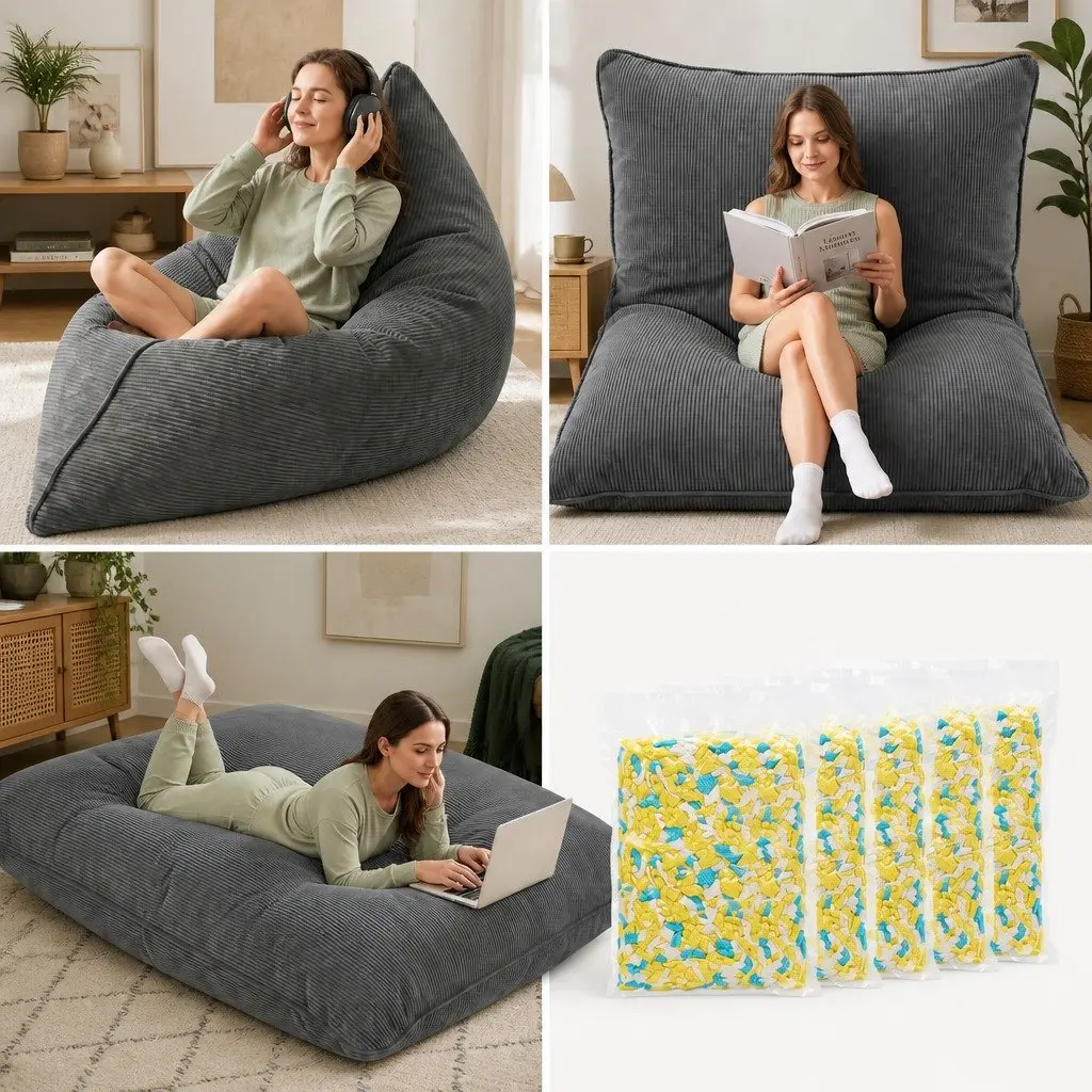 3 in 1 Convertible Bean Bag Chair Floor Cushion Sofa Corduroy Cover Memory Foam