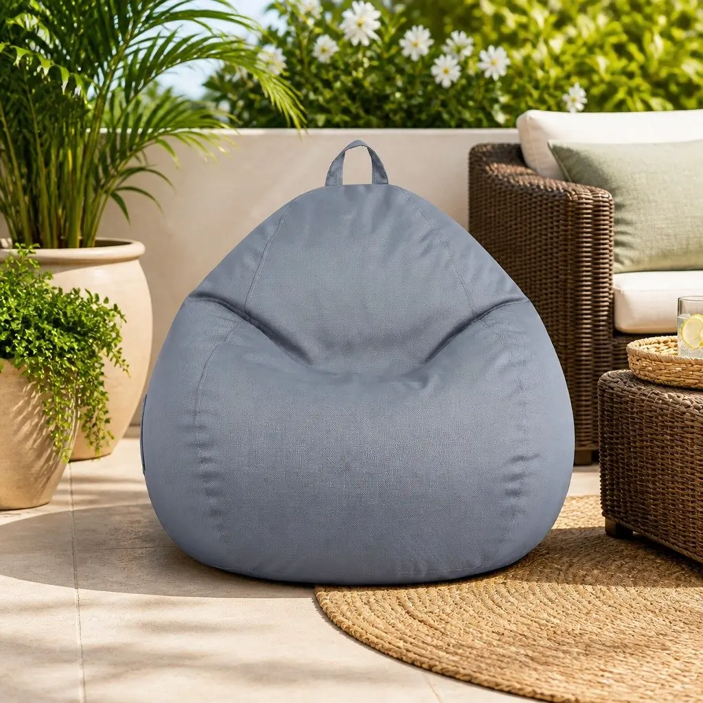 L Shape Ergonomic Grey Bean Bag Chair Cover Water-Resistant for Indoor and Outdoor Use