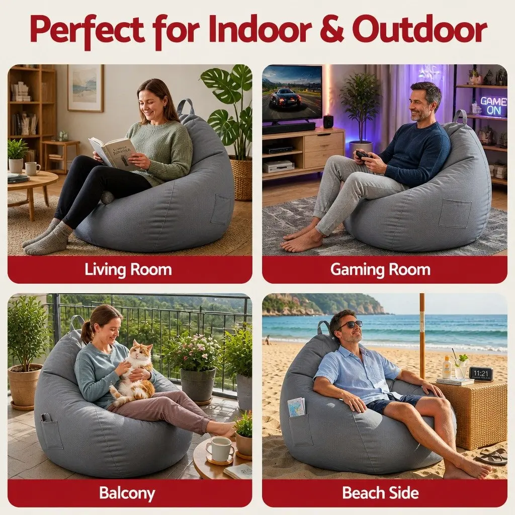 L Shape Ergonomic Grey Bean Bag Chair Cover Water-Resistant for Indoor and Outdoor Use