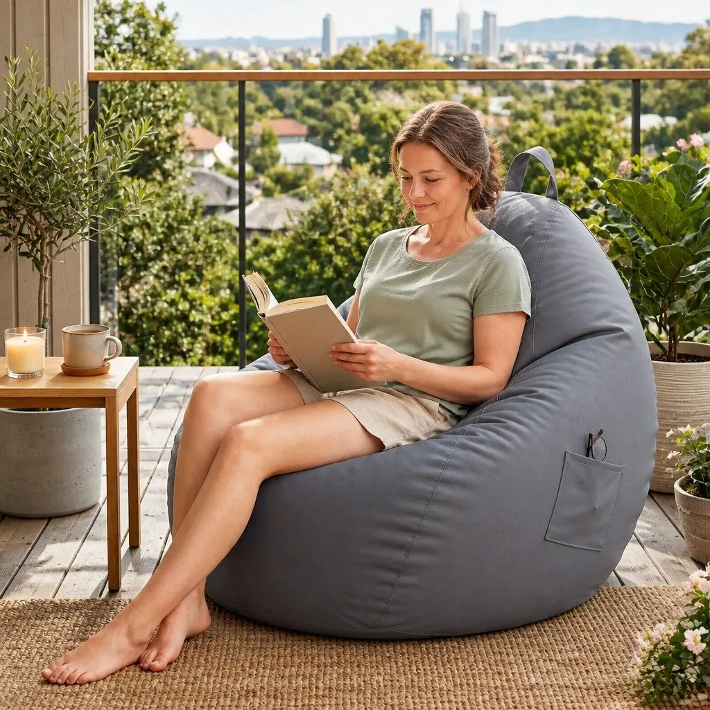 L Shape Ergonomic Grey Bean Bag Chair Cover Water-Resistant for Indoor and Outdoor Use