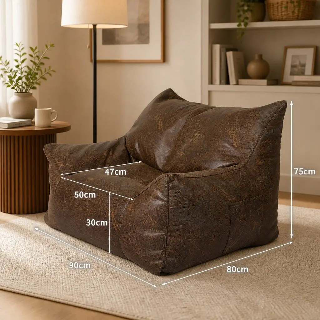 Bean Bag Chair Cover Distressed PU Leather Dark Brown Zipper Easy Clean Portable