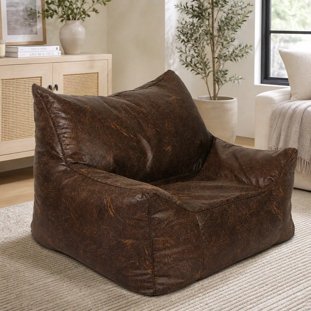 Bean Bag Chair Cover Distressed PU Leather Dark Brown Zipper Easy Clean Portable