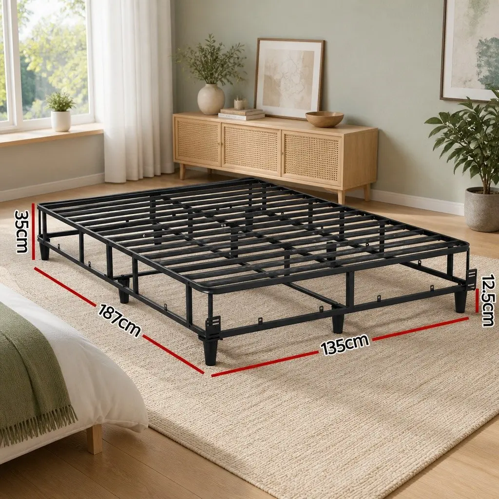 Double Bed Frame Metal Grey Upholstered Fabric Bedroom Furniture Slat Support