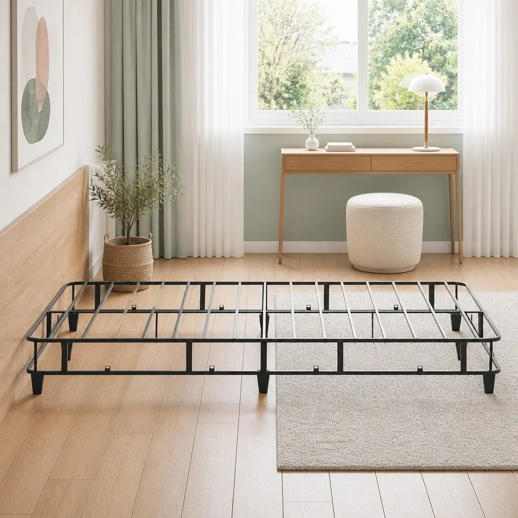 Double Bed Frame Metal Grey Upholstered Fabric Bedroom Furniture Slat Support