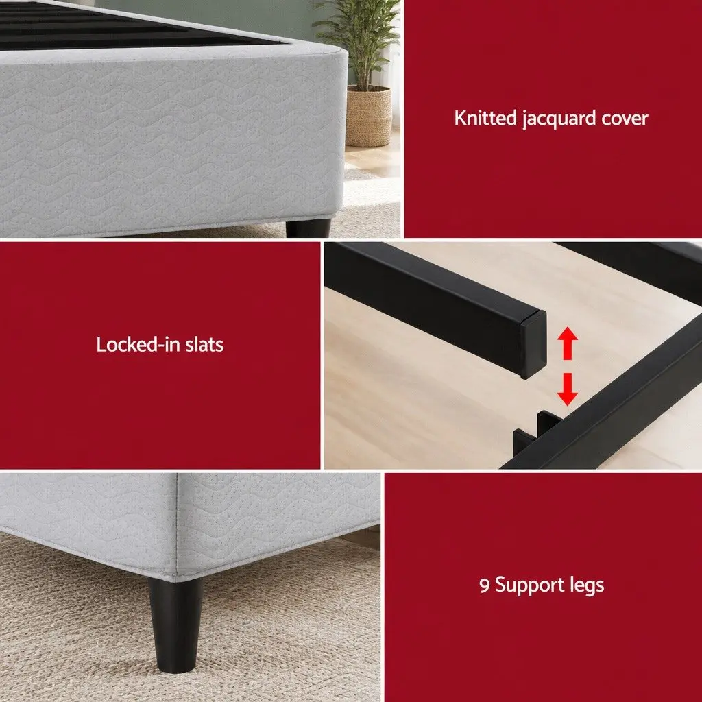 Double Bed Frame Metal Grey Upholstered Fabric Bedroom Furniture Slat Support