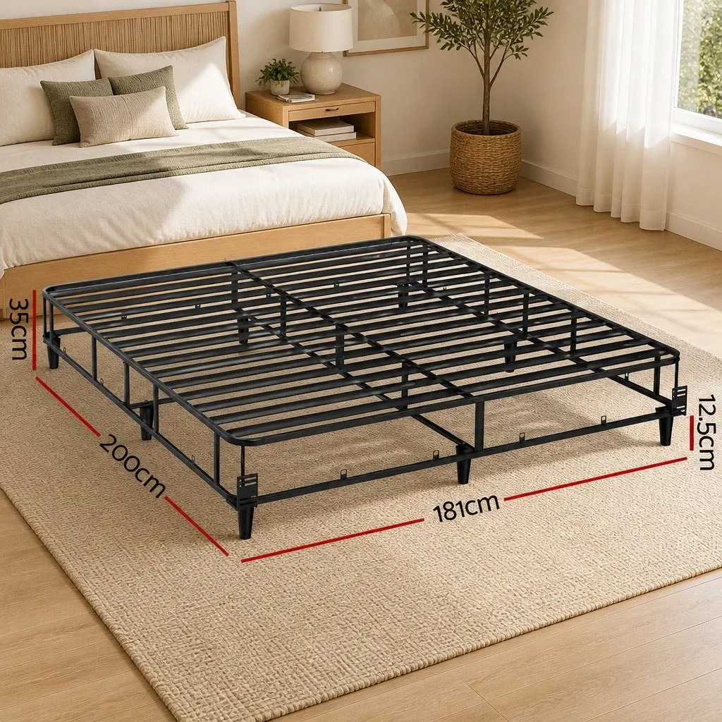 King Size Metal Bed Frame with Grey Fabric Cover Sturdy Slat Support Platform