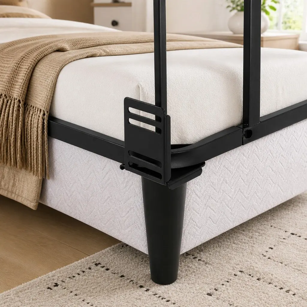 King Size Metal Bed Frame with Grey Fabric Cover Sturdy Slat Support Platform
