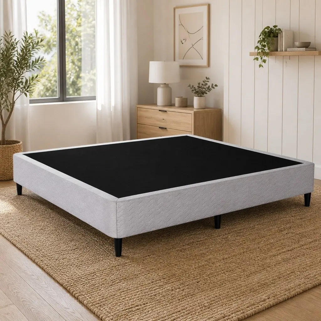 King Size Metal Bed Frame with Grey Fabric Cover Sturdy Slat Support Platform