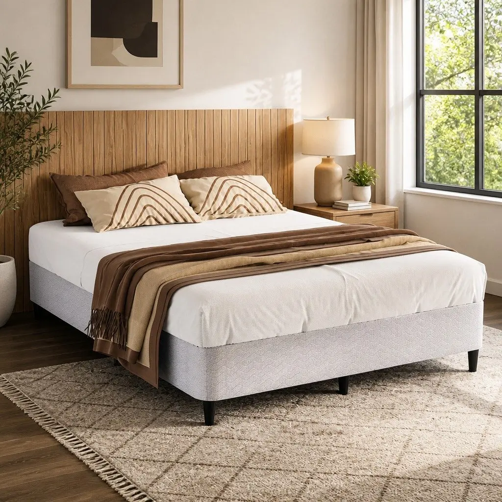 Queen Size Metal Bed Frame with Fabric Cover Grey Bedroom Furniture