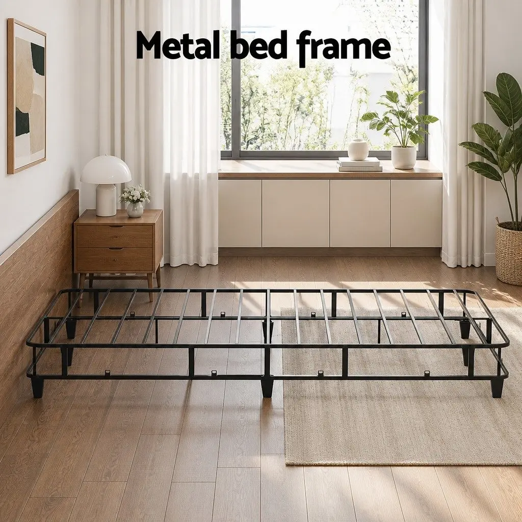 Queen Size Metal Bed Frame with Fabric Cover Grey Bedroom Furniture