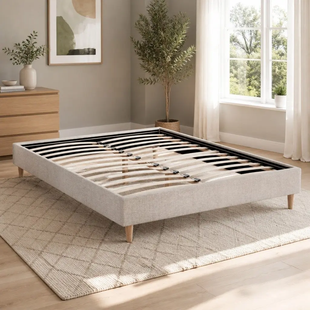 Queen Size Bed Frame Upholstered Beige Solid Wood Construction with Wooden Slat Base