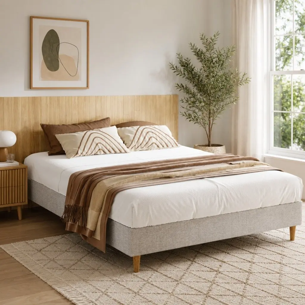 Queen Size Bed Frame Upholstered Beige Solid Wood Construction with Wooden Slat Base