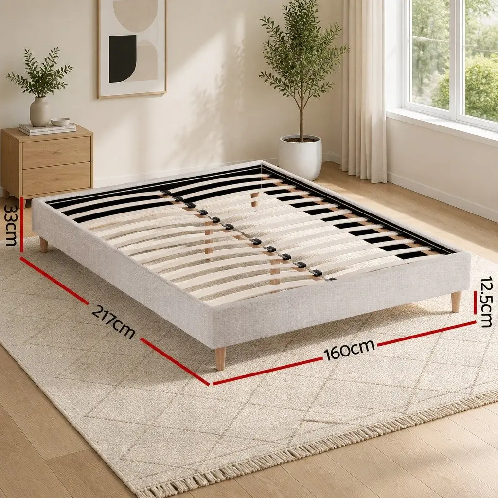 Queen Size Bed Frame Upholstered Beige Solid Wood Construction with Wooden Slat Base