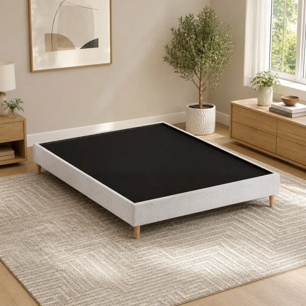 Queen Size Bed Frame Upholstered Beige Solid Wood Construction with Wooden Slat Base