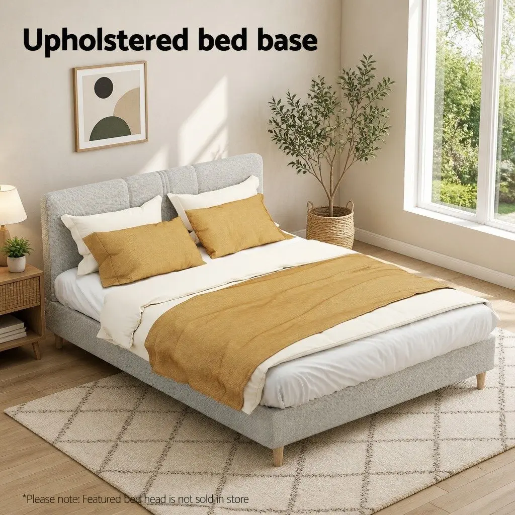 Queen Size Bed Frame Upholstered Beige Solid Wood Construction with Wooden Slat Base