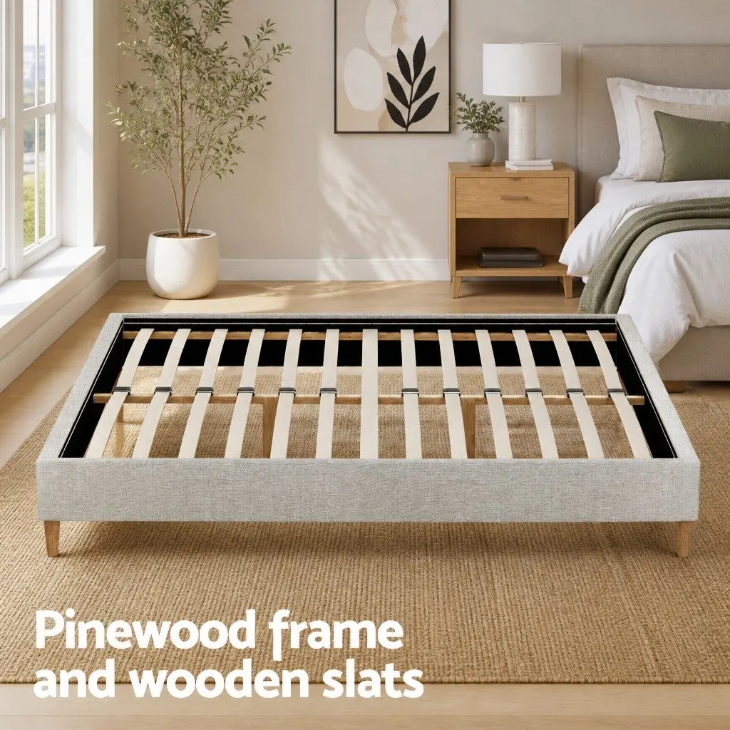 Queen Size Bed Frame Upholstered Beige Solid Wood Construction with Wooden Slat Base