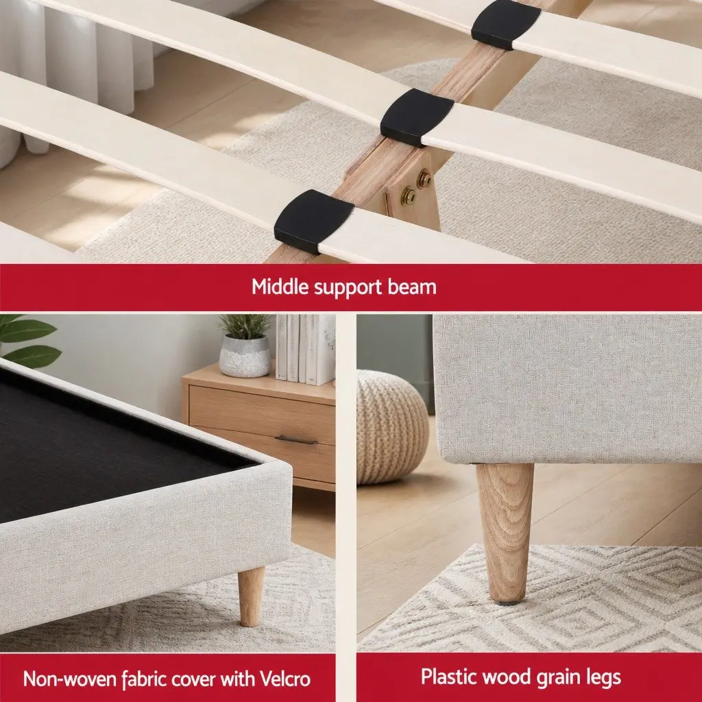 Queen Size Bed Frame Upholstered Beige Solid Wood Construction with Wooden Slat Base