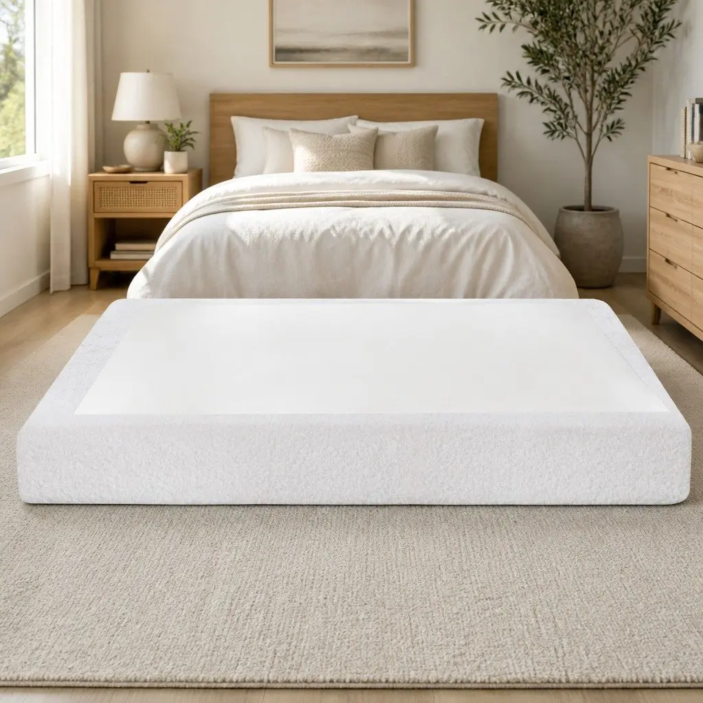 Compression Bed Frame Boucle White Queen Size No Assembly Vacuum Packed
