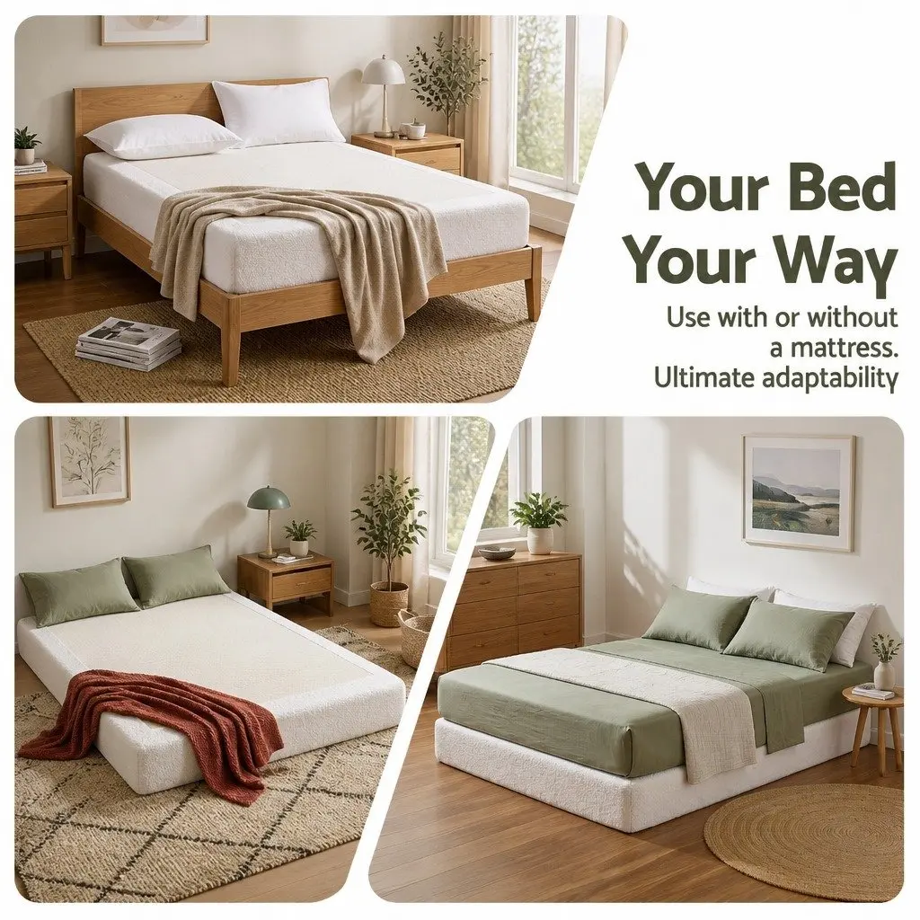 Compression Bed Frame Boucle White Queen Size No Assembly Vacuum Packed