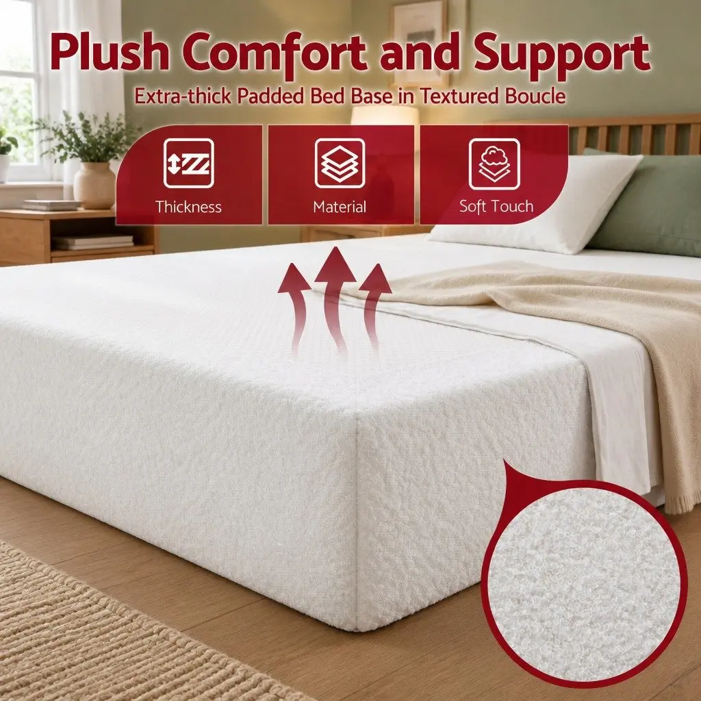Compression Bed Frame Boucle White Queen Size No Assembly Vacuum Packed