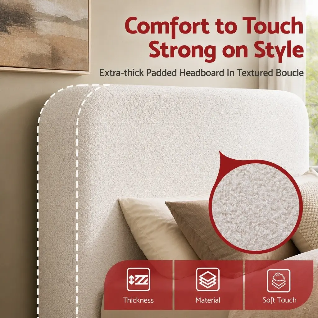 Queen Headboard Boucle Fabric Soft Foam No-Assembly 172W x 99H x 11.8T cm