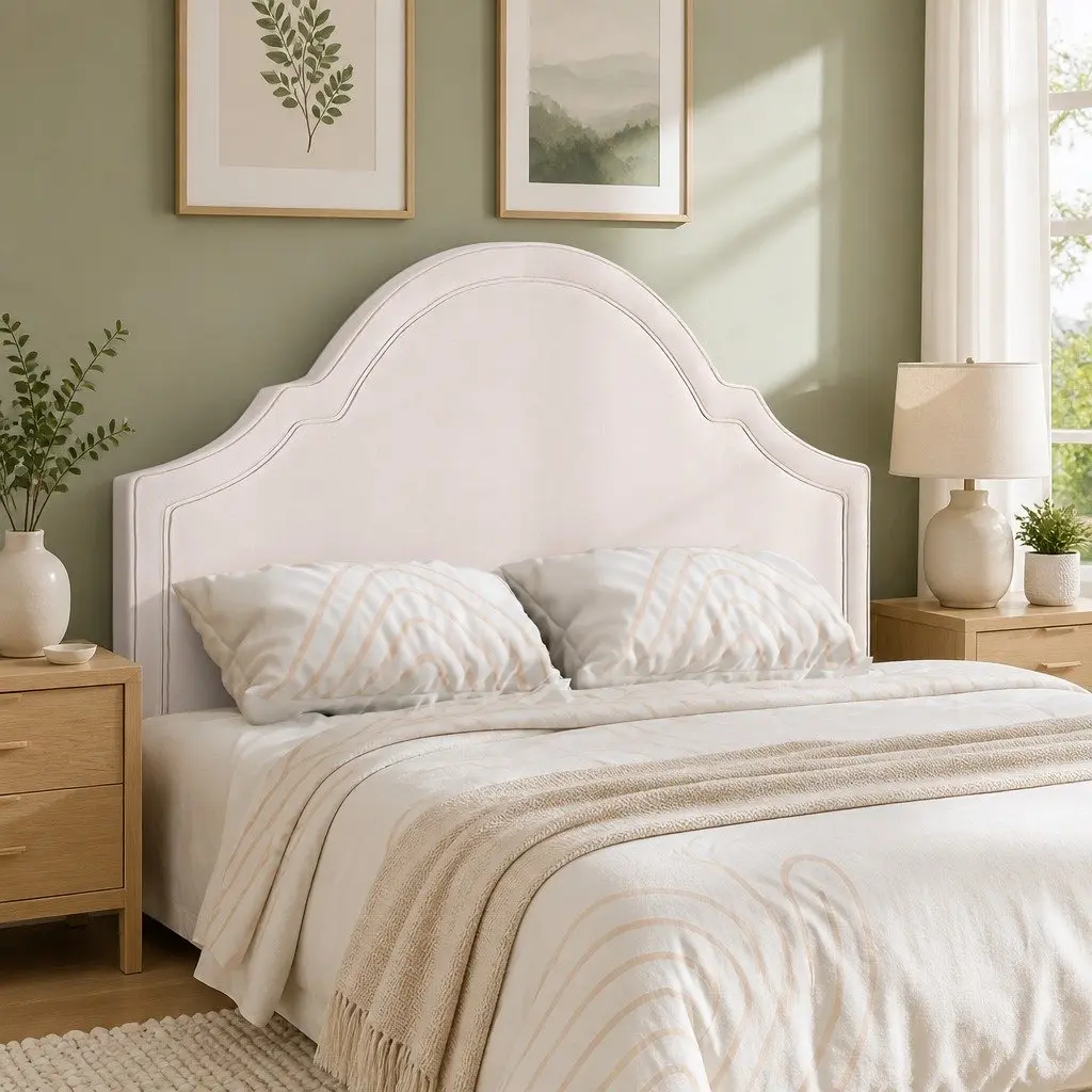 Queen Headboard Bed Head Beige Velvet Scalloped Design Bedroom Furniture