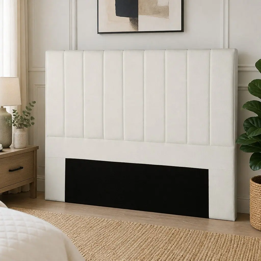 Linen Fabric Bed Headboard Queen Size 153cm Beige Vertical Stripe Design