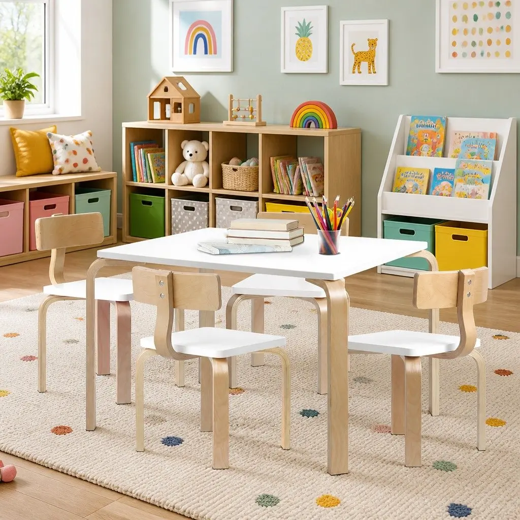 5 Piece Kids Table and Chairs Set Sturdy Birch Plywood Non Toxic Paint