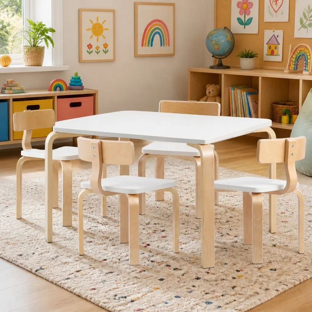 5 Piece Kids Table and Chairs Set Sturdy Birch Plywood Non Toxic Paint