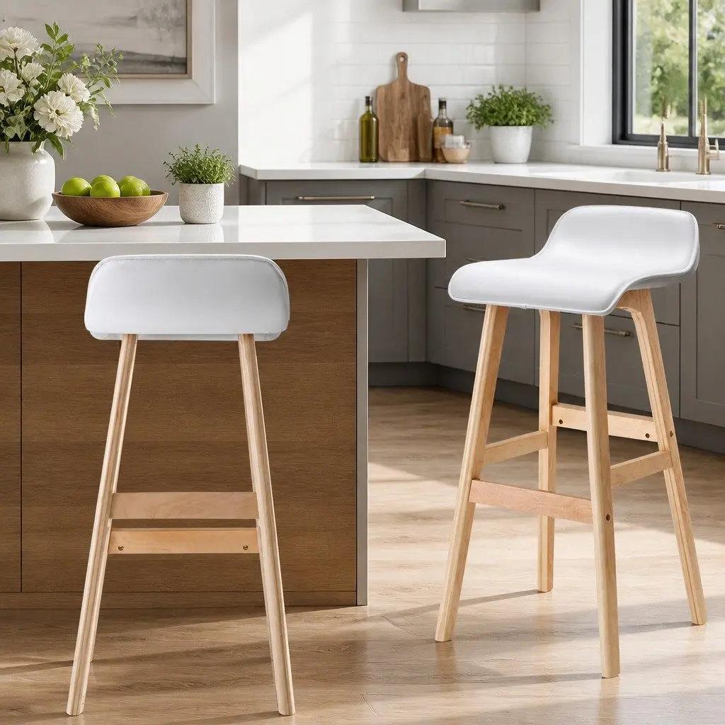 Bar Stools Wooden White Bentwood Frame PU Leather Padded Seat Set of 2