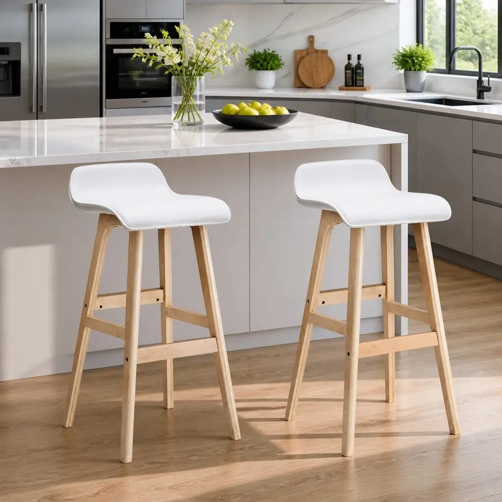 Bar Stools Wooden White Bentwood Frame PU Leather Padded Seat Set of 2