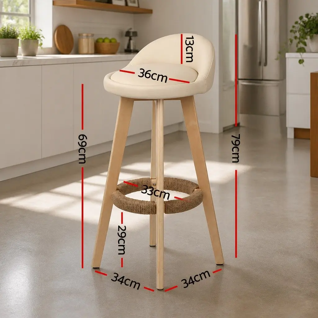 Bar Stools Padded PU Leather Wooden Beige Swivel 360 Degree Footrest Low Backrest