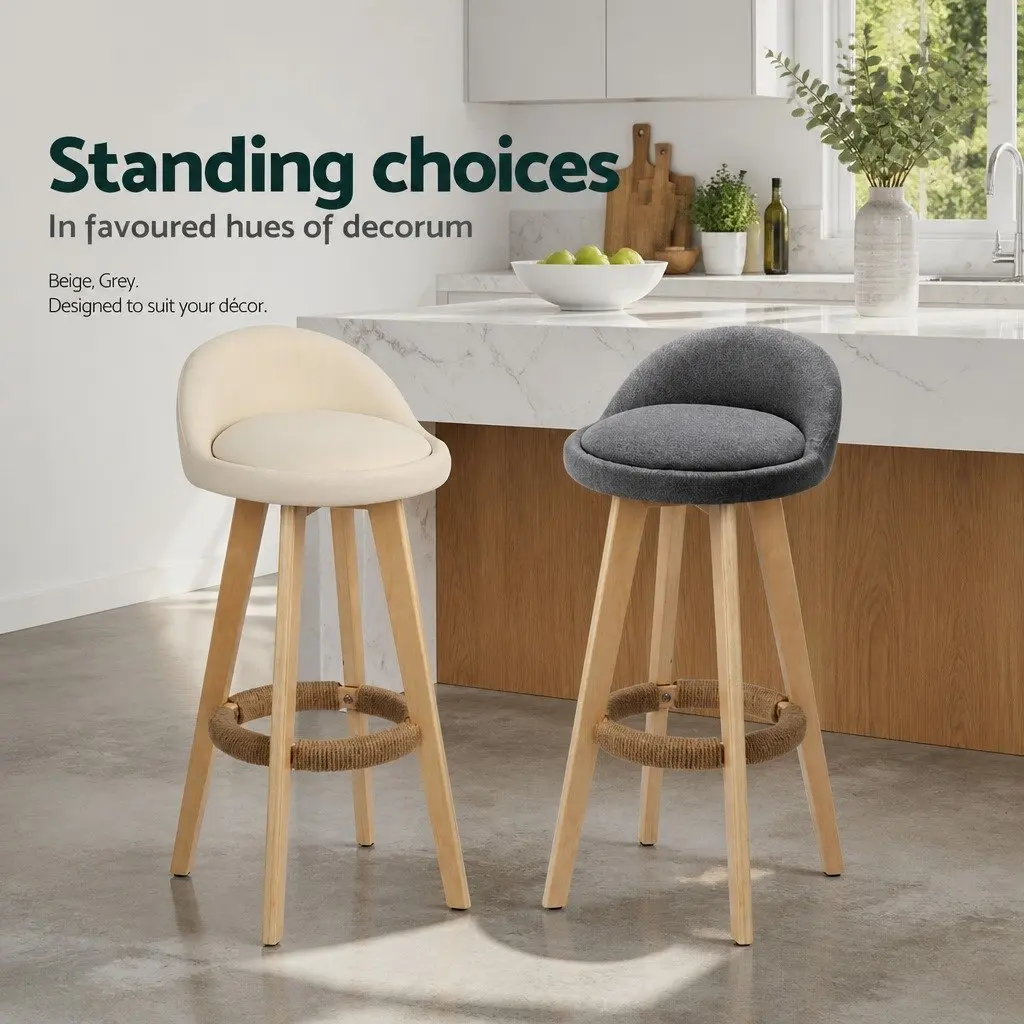 Bar Stools Padded PU Leather Wooden Beige Swivel 360 Degree Footrest Low Backrest