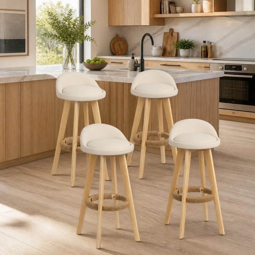 Bar Stools Set of 4 Padded Seat Wooden Frame Beige Dining Kitchen Counter Height