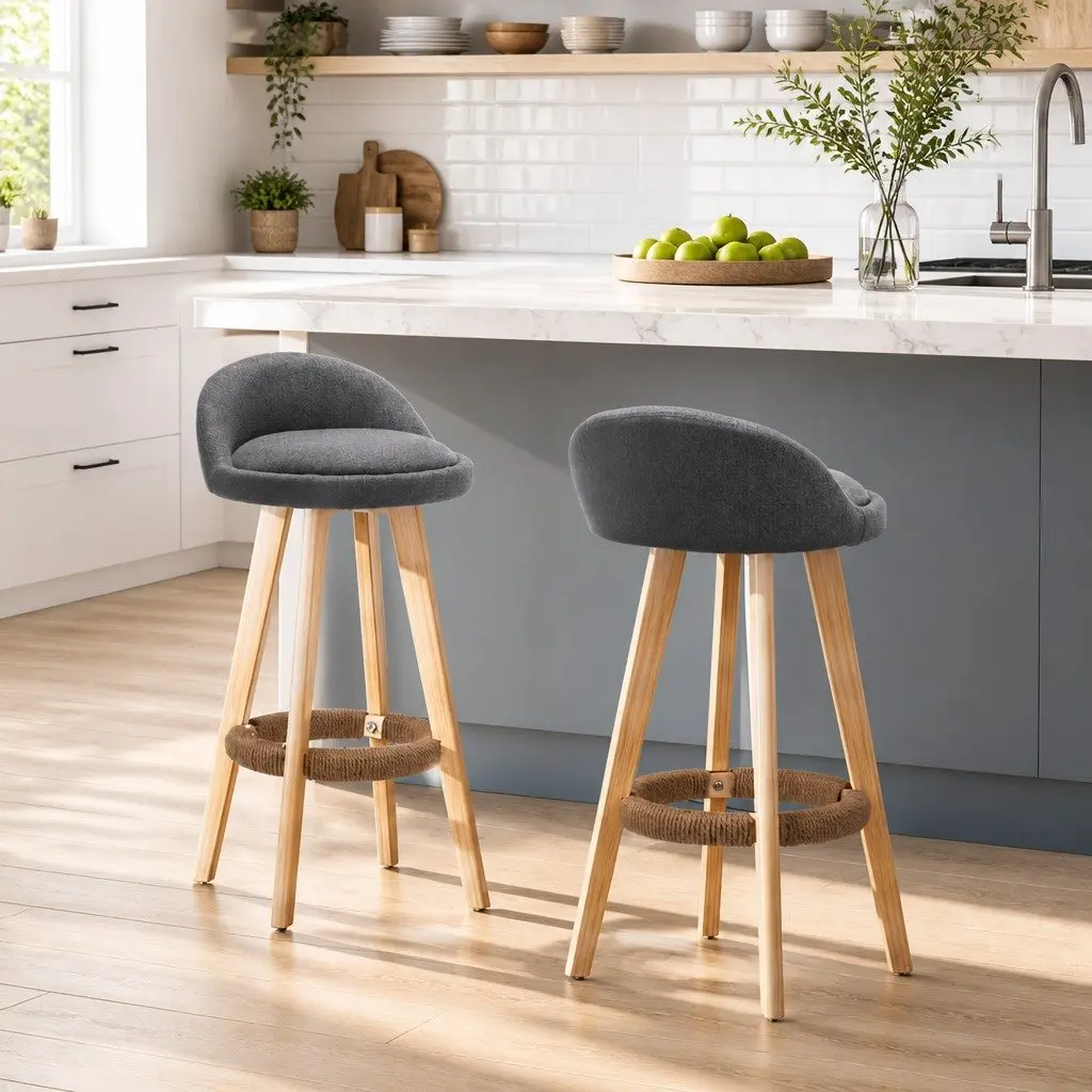 Padded Faux Linen Bar Stools Wooden Grey Swivel 360 Degrees with Footrest Set of 2