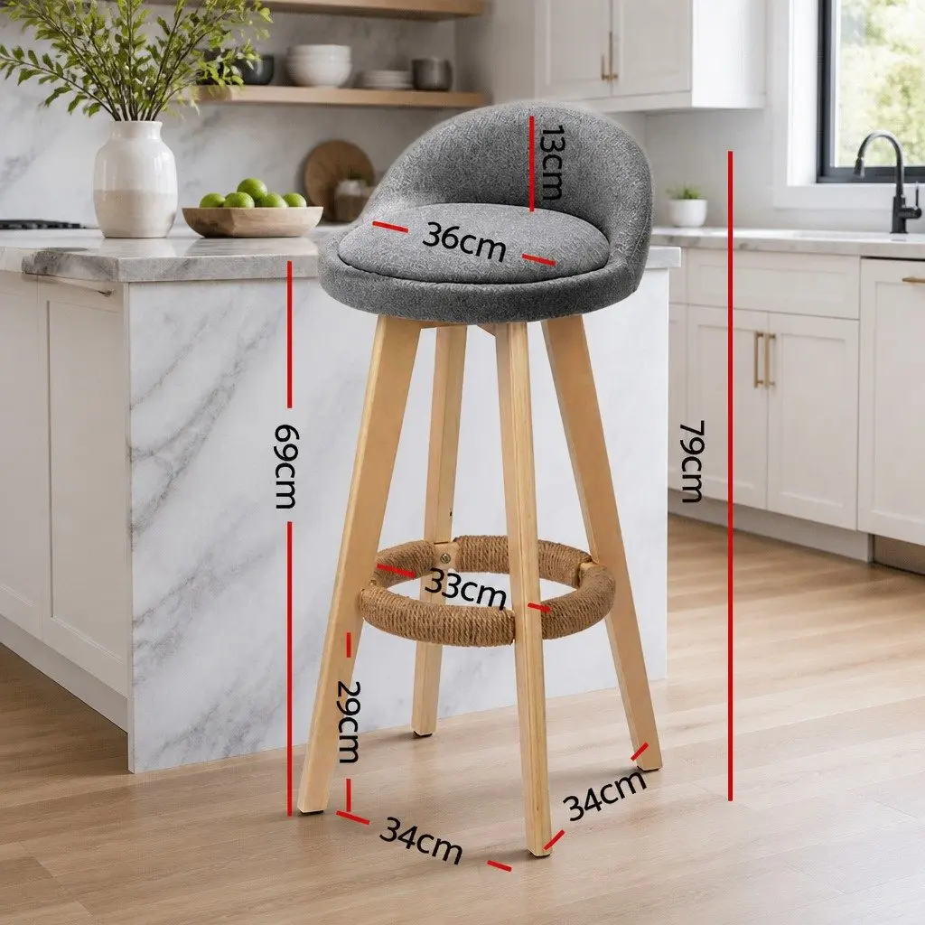 Padded Faux Linen Bar Stools Wooden Grey Swivel 360 Degrees with Footrest Set of 2