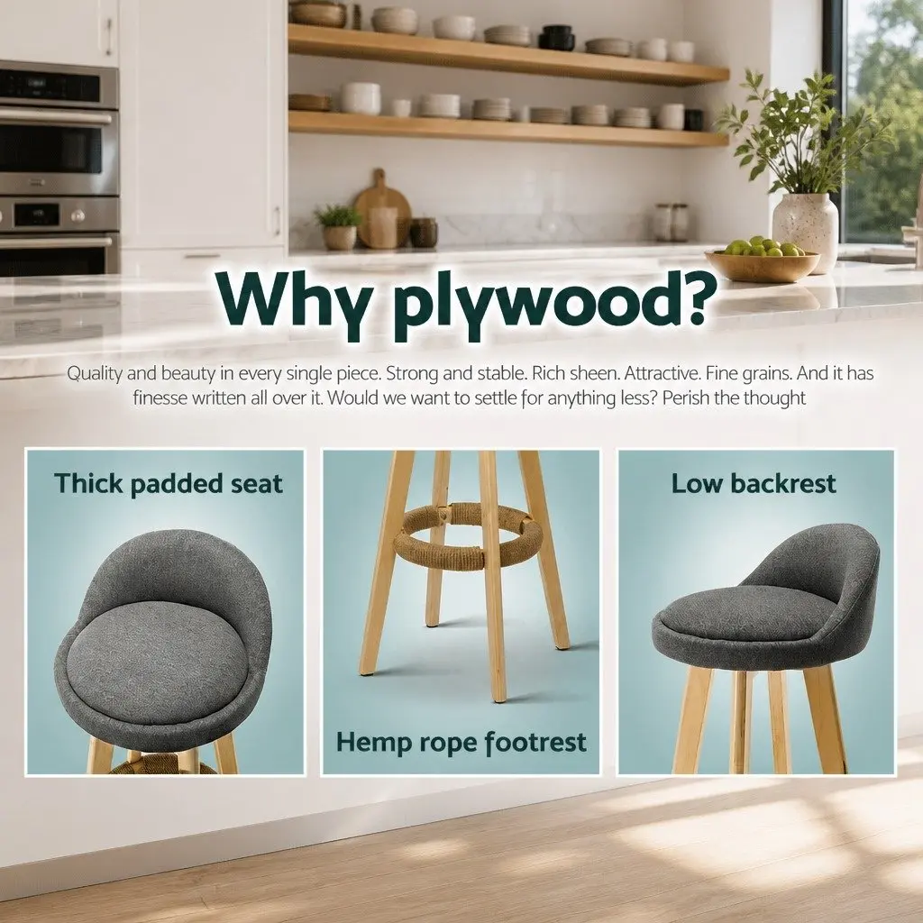 Padded Faux Linen Bar Stools Wooden Grey Swivel 360 Degrees with Footrest Set of 2