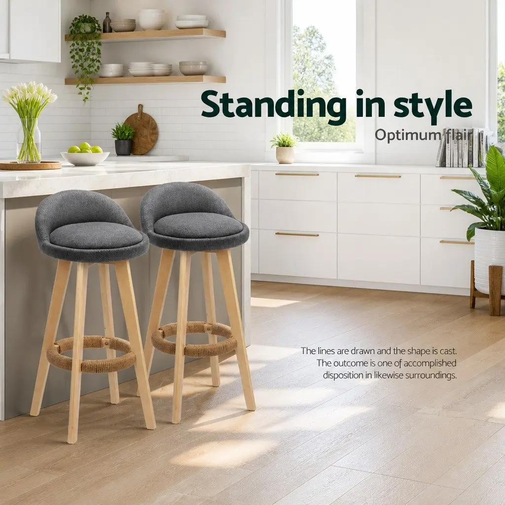 Padded Faux Linen Bar Stools Wooden Grey Swivel 360 Degrees with Footrest Set of 2