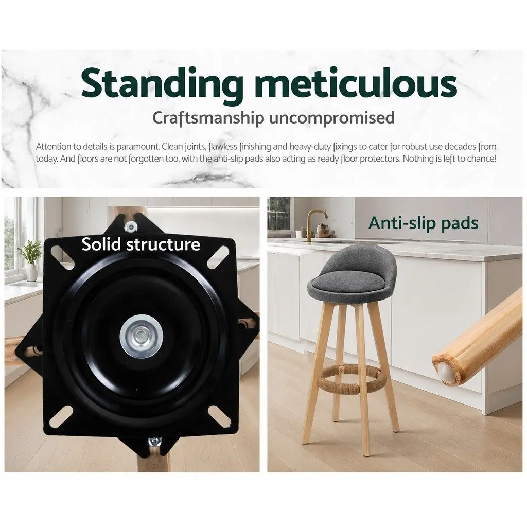 Padded Faux Linen Bar Stools Wooden Grey Swivel 360 Degrees with Footrest Set of 2
